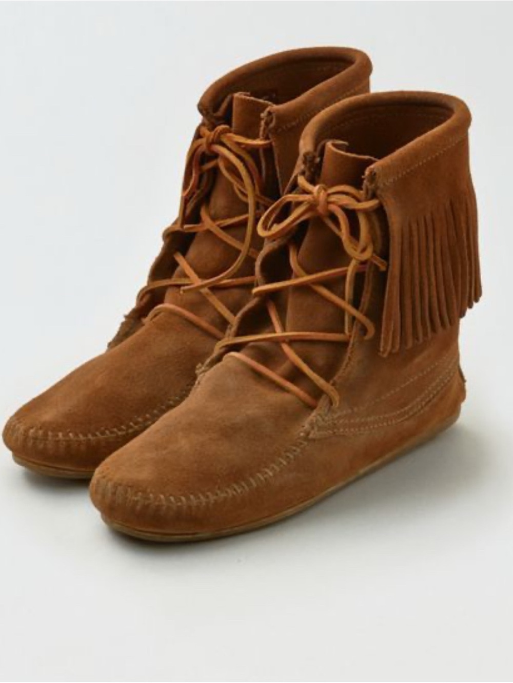 MINNETONKA TRAMPER BOOTIES FRINGE SUEDE LACE-UP MOCCASIN IN CHESTNUT COLOR Sz 7